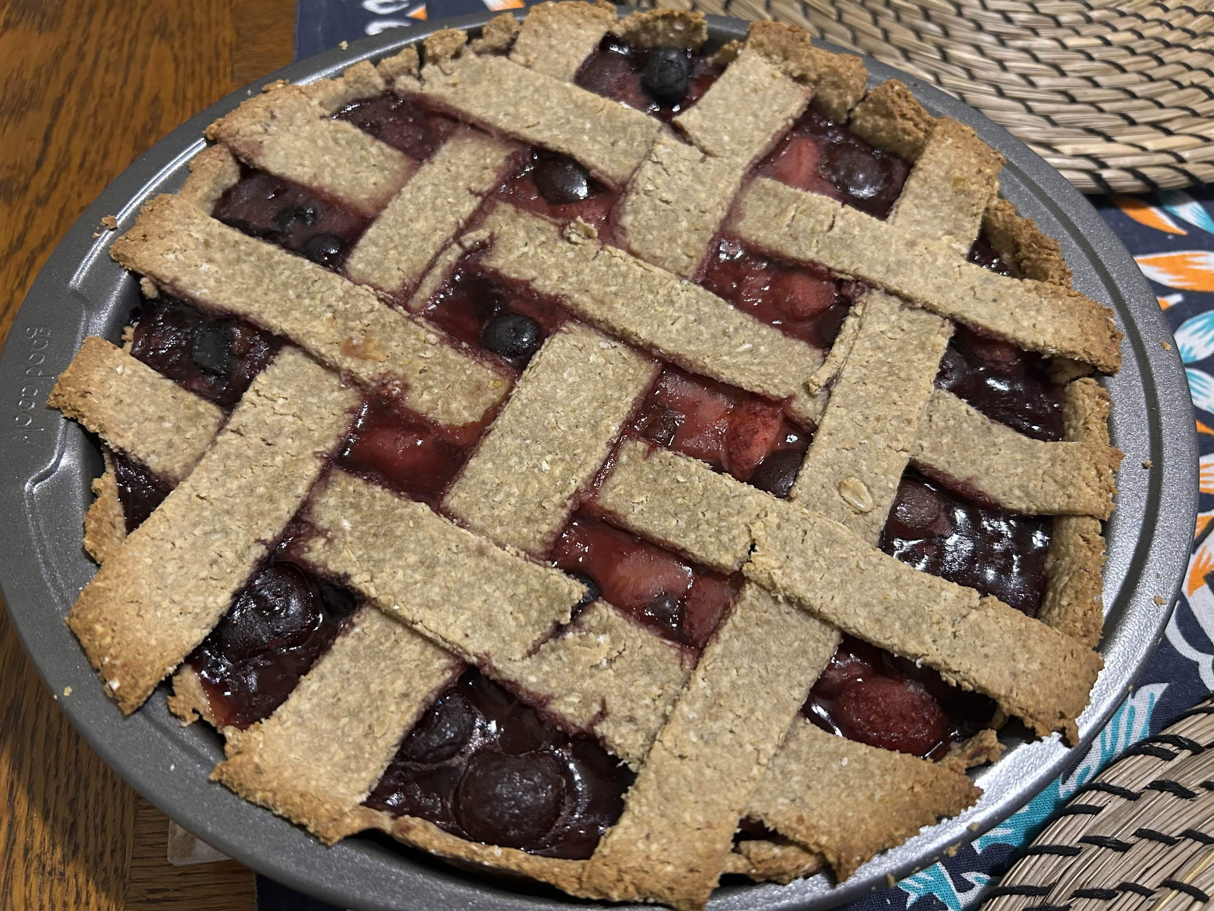 A mixed berry pie made from whole food ingredients