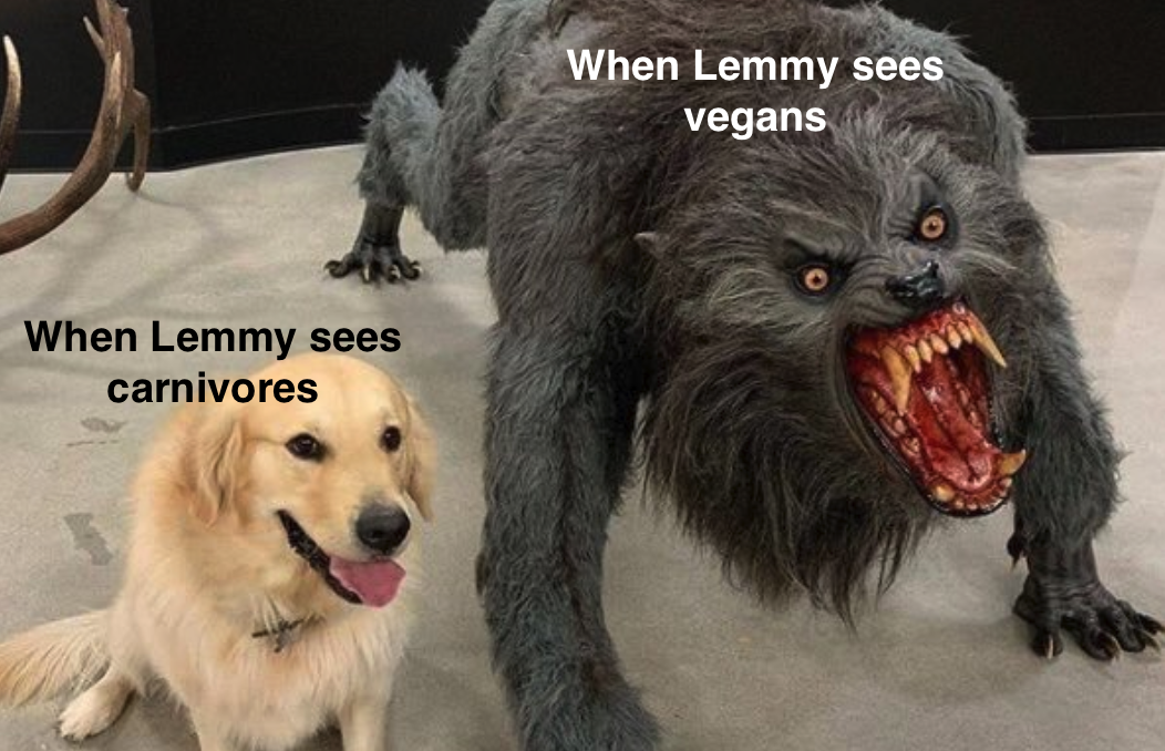 Happy golden lab with "when Lemmy sees carnivores" with angry scary dog bearing teeth to the side with "When Lemmy sees vegans"