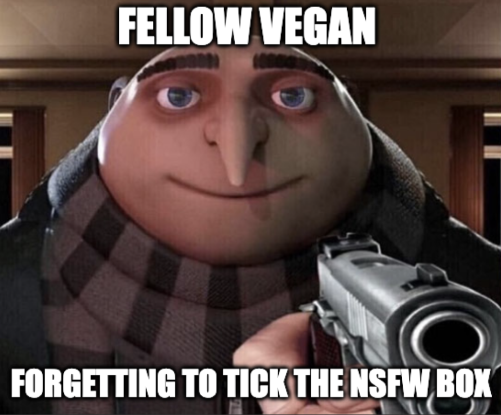 Gru Gun Meme of despicable me protagonist pointing gun at viewer "Fellow vegan" "forgetting to tick the nsfw box"