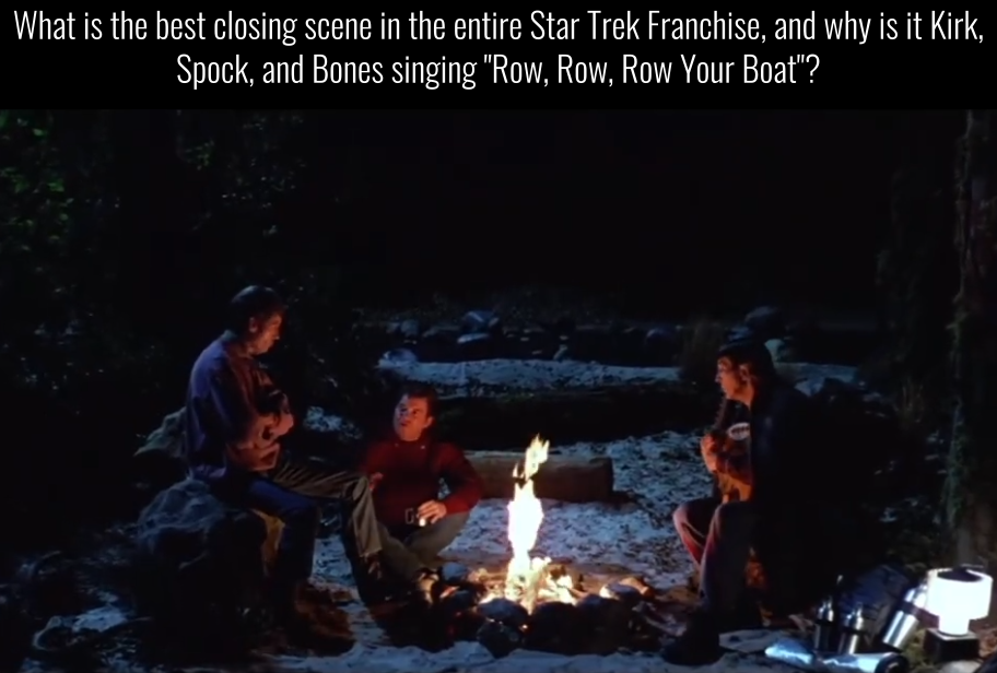 Under the title of the post, the main 3 sit around the campfire while Spock strums his Vulcan lute.