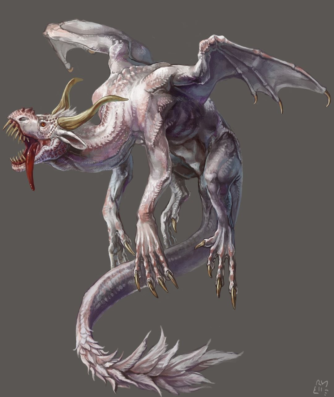 An albino dragon, It has white scales with just a hint of pink in some spots, and red eyes. The dragon is floating in midair, its two small-sized wings somehow keeping it aloft. It has yellowish horns and long ears like a cow, and its long red tongue is flopped out of its mouth like a dog.
