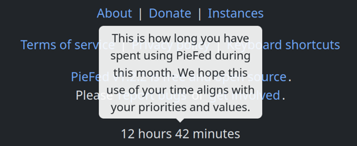 Pop up saying: "This is how long you have spent using PieFed during this month. 12 hours, 42 minutes"