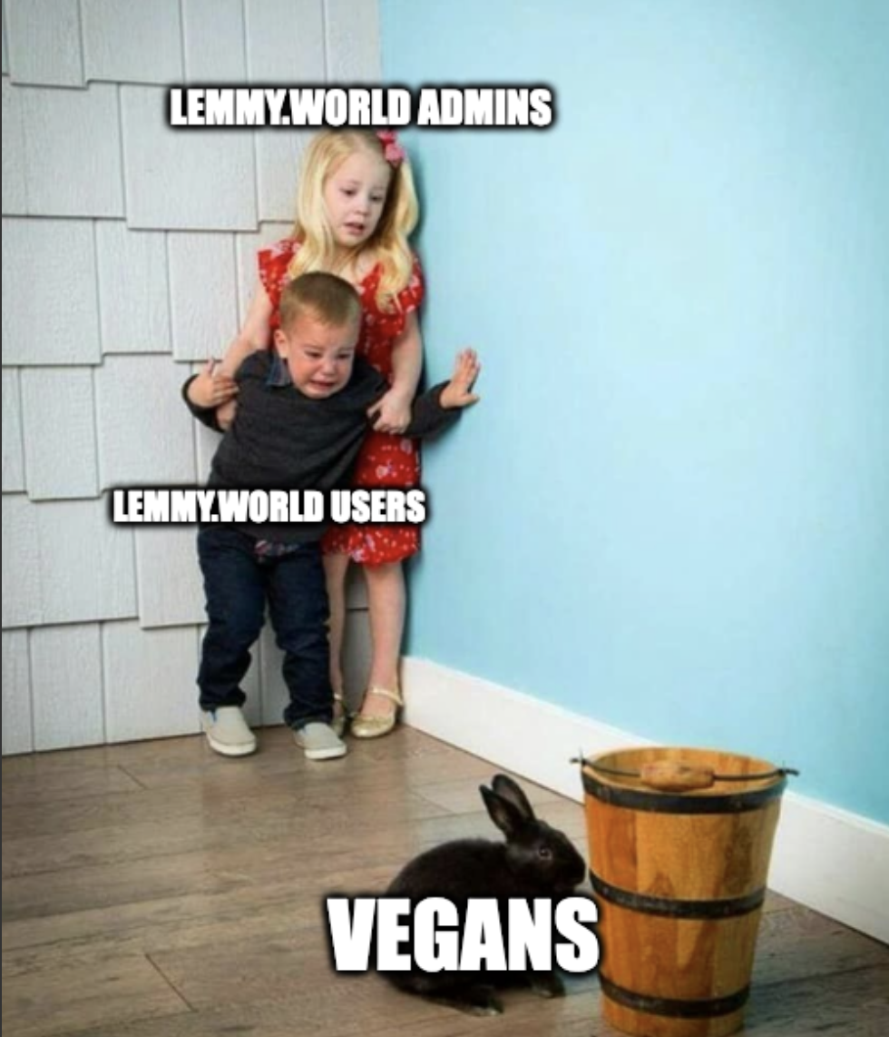 2 scared kids of rabbit by bucket, girl "Lemmy.world Admins" boy  "lemmy.world Users" and rabbit "vegans"