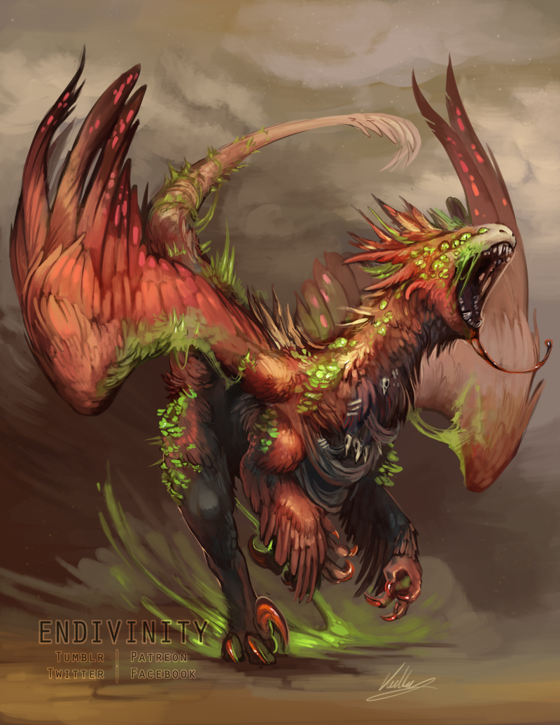 A dragon resembling a feathered utahraptor with wings. The dragon also has glowing green pustules around its body. The creature's top half is red, with a black underbelly. Its claws are red.