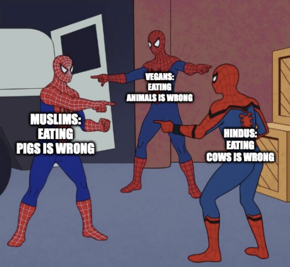 3 SPIDERMEN POINTING AT EACHOTHER MEME: 1. MUSLIMS: EATING PIGS IS WRONG 2. HINDUS POINTING BACK: EATING COWS IS WRONG 3. VEGANS POINTING AT BOTH: EATING ANIMALS IS WRONG.