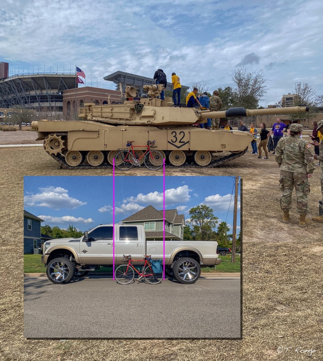 Size comparison showing that a pickup truck is roughly the same size as a US army tank.