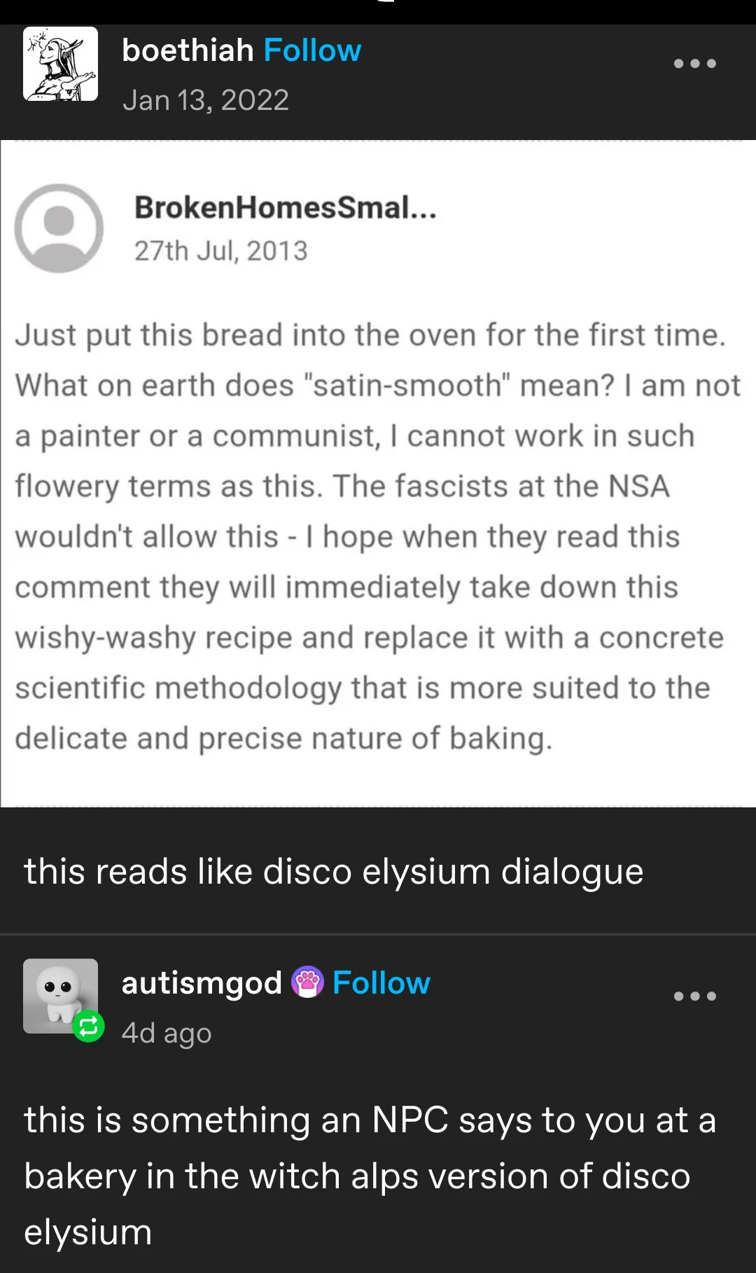 Boethiah posts:  
[a screenshot of a comment by BrokenHomesSmal…]  
"Just put this bread into the oven for the first time. What on earth does "satin-smooth" mean? I am not a painter or a communist, I cannot work in such flowery terms as this. The fascists at the NSA wouldn't allow this - I hope when they read this comment they will immediately take down this wishy-washy recipe and replace it with a concrete scientific methodology that is more suited to the delicate and precise nature of baking." [screenshot ends]  
this reads like Disco Elysium dialogue

autismgod replies:  
this is like something an NPC says to you at the bakery in the witch alps version of Disco Elysium