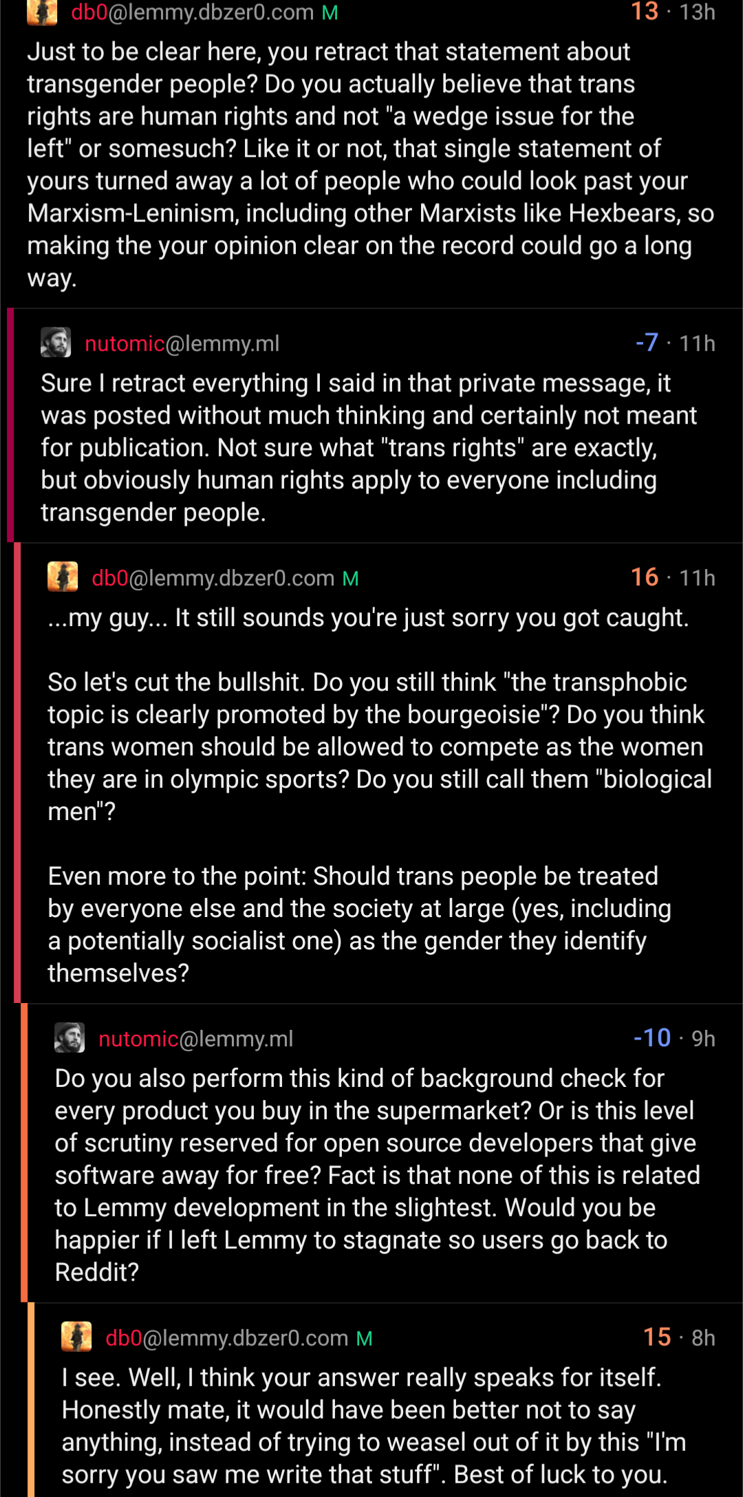 A screenshot of a convo between @db0@lemmy.dbzer0.com and @nutomic@lemmy.ml discussing nutomic's past transphobia, and nutomic blatantly dismisses it without addressing how and why what he did/said was wrong.