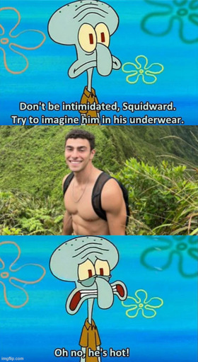 First frame is captioned: "Dont be intimidated, try to imagine him in his underwear". Seccond panel: photo of Luigi Mangione shitless. Third panel: "Oh no hes hot"