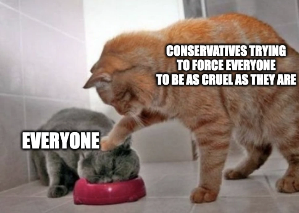 Orange Cat "Conservatives trying to force everyone to be as cruel as they are" forcefeeding grey cat "Everyone"