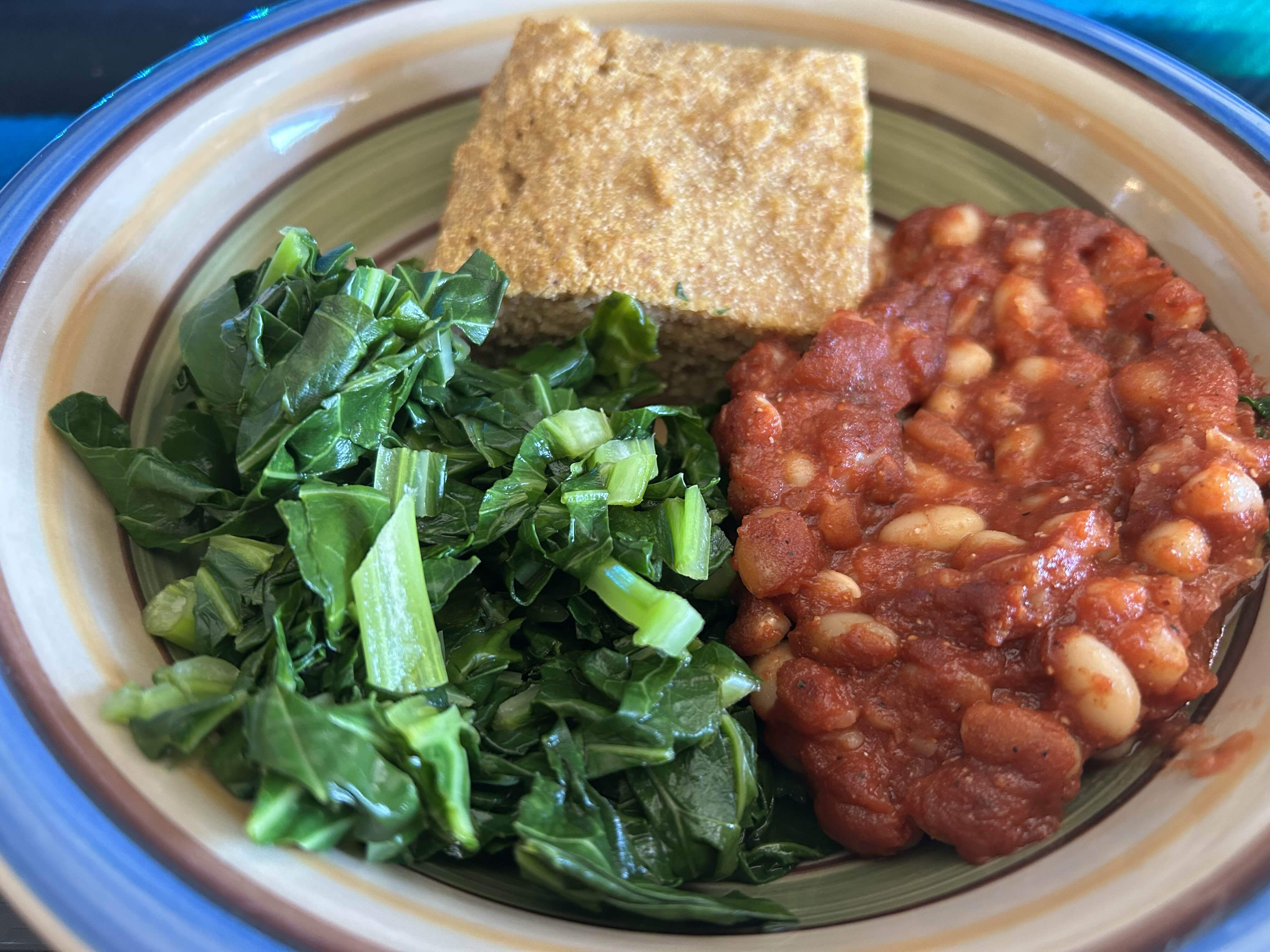 Baked beans, collard greens and cornbread