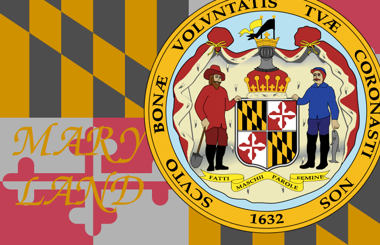 The flag of Maryland with the contrast lowered, the text MARY LAND in yellow over the bottom-left corner, and the state seal slapped on top