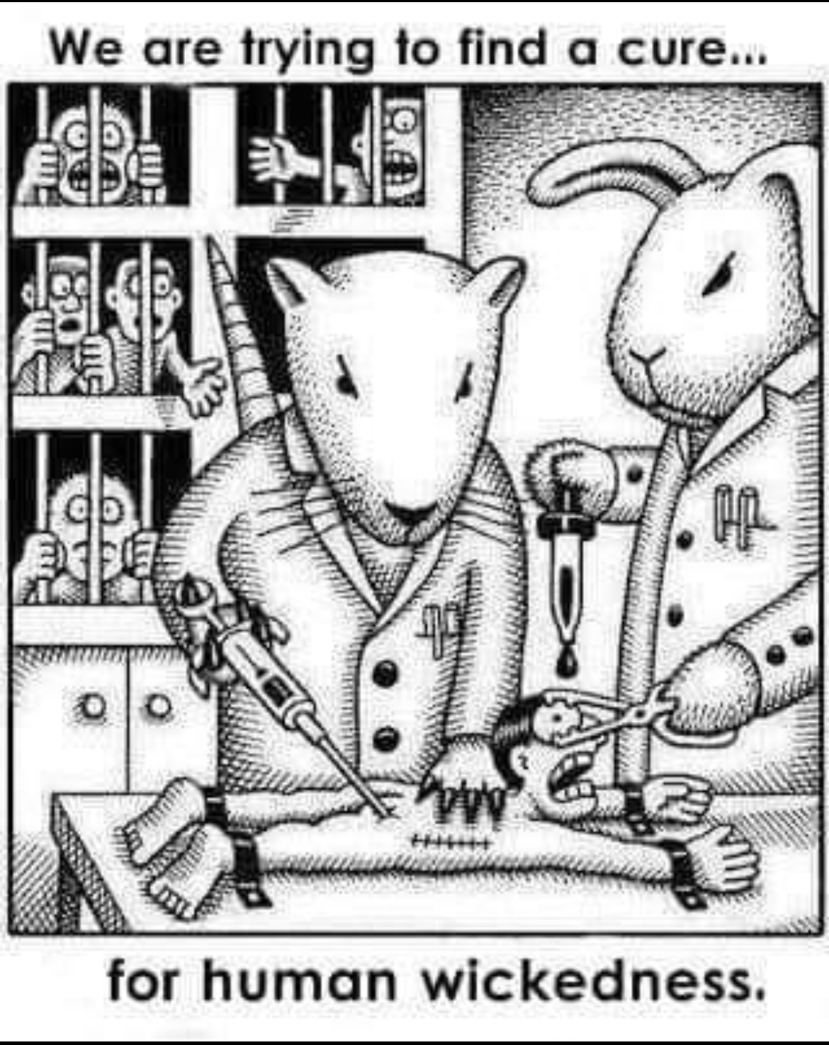 Drawing of a rat and a rabbit in lab coats, standing in the lab, experimenting on small and naked humans.  Caption: "we are trying to find a cure... for human wickedness."