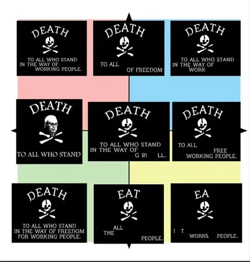 A political compass. It is covered by posters which say "DEATH to all who stand in the way of freedom for working people", but the letters on some are covered (blackout poetry). On the top left (auth-left) it has a poster saying DEATH to all who stand in the way of working people.  In the middle-top it has a poster saying "DEATH to all of freedom". In the top-right it says "DEATH to all who stand in the way of work".    In the left-center it says "death to all who stand". In the center it says "Death to all who stand in the way of grill." In the right-center it says "DEATH to all free working people."    In the bottom-left it says "DEATH to all who stand in the way of freedom for working people" In the bottom-center it says "EAT all the people". In the bottom-right it says "EA it works people.".  