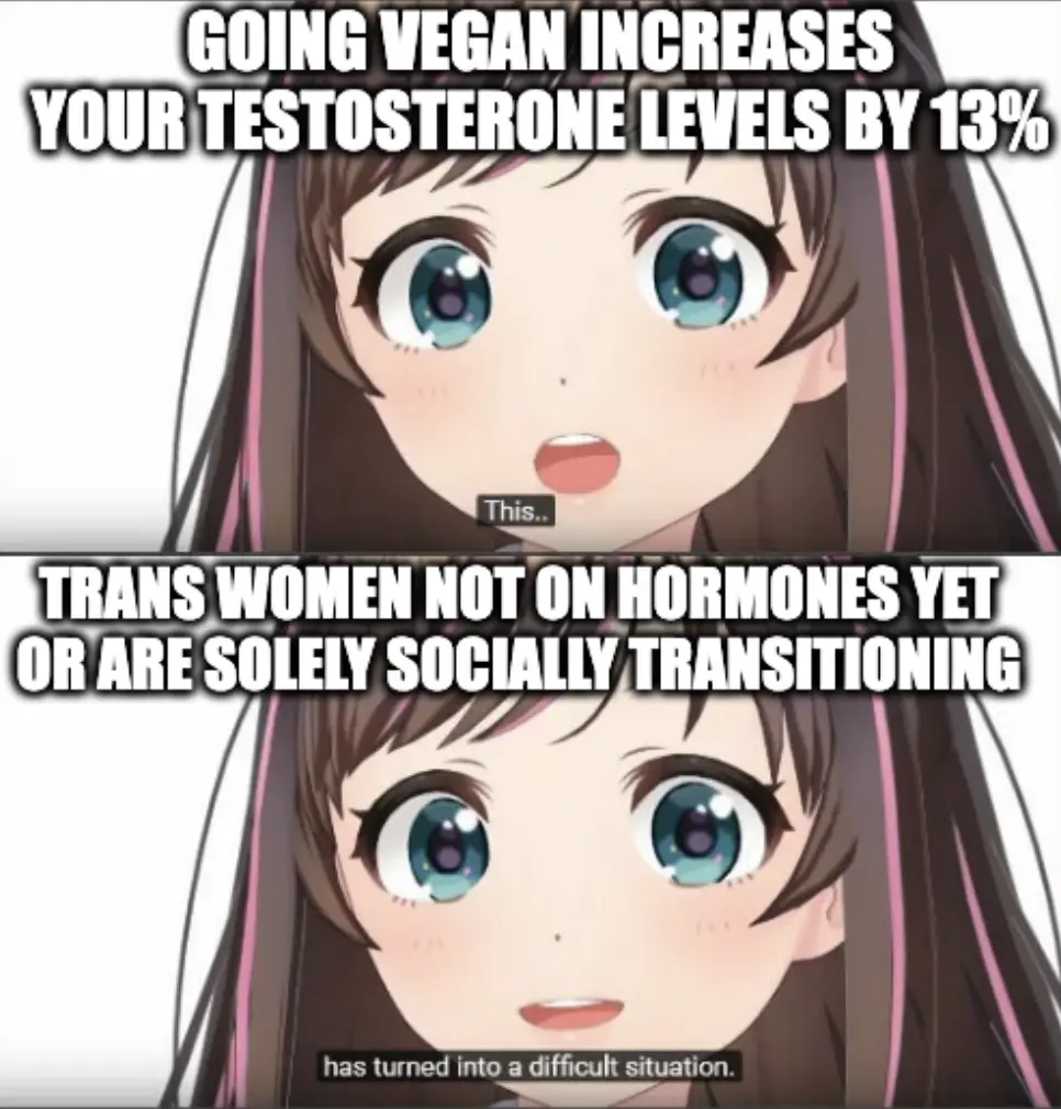 This.. "Going vegan increases your testosterone levels by 13%" has turned into a difficult situation "Trans women not on hormones yet or are solely socially transitioning"