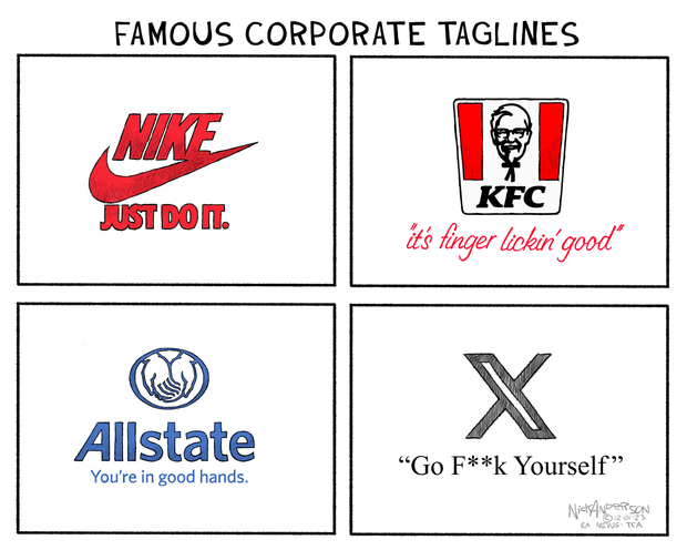 4 cases, dans la première en haut à gauche : Nike - Just Do It ; dans la seconde en haut à droite : KFC - "it's finger lickin'good" ; en bas à gauche : Allstate - You're in good hands et enfin, en bas à droite : X - "Go F**k Yourself"